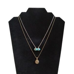 Lucky Brand Silver & Gold Toned Gemstone Double Strand Layered Pendant Necklace